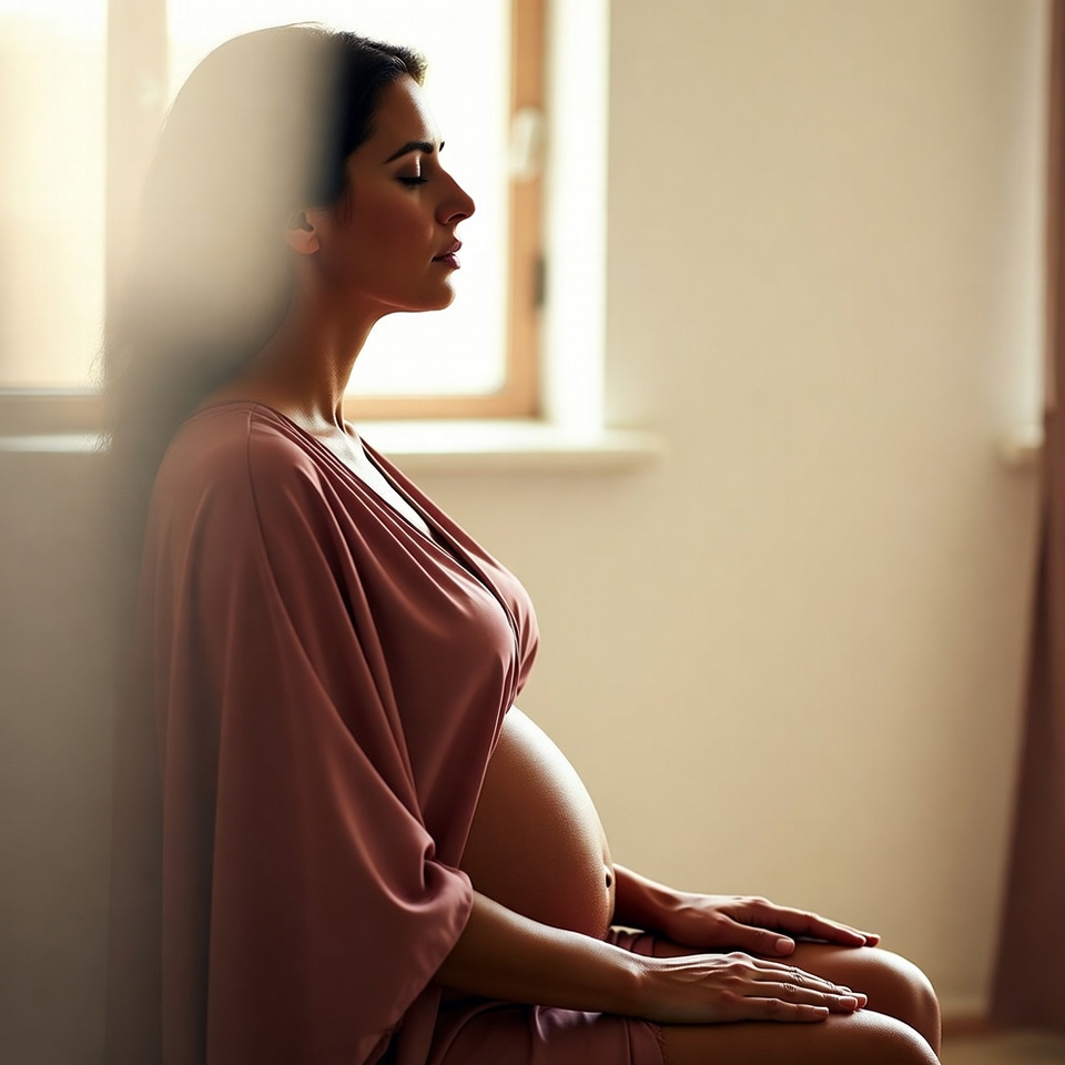Mujer embarazada sentada con ojos cerrados, luz natural de ventana, presencia e introspección